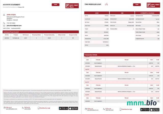 India HDFC wyciąg bankowy szablon Worda i PDF